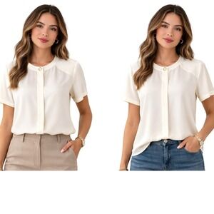 Koret Petites Vintage 12 Cream Button Down Blouse Womens Pearl Button Office